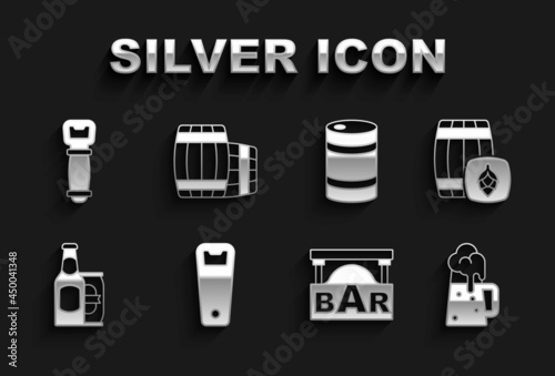 Set Bottle opener, Wooden barrel, beer mug, Street signboard with Bar, Beer bottle and can, Metal keg, and icon. Vector