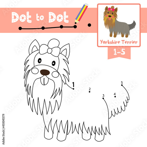 Dot to dot educational game and Coloring book Yorkshire Terrier dog animal cartoon character vector illustration