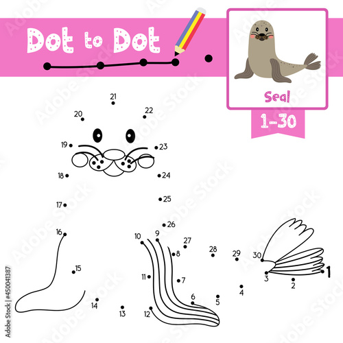 Dot to dot educational game and Coloring book Seal animal cartoon character vector illustration