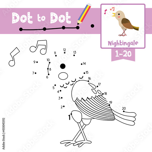 Dot to dot educational game and Coloring book Singing Nightingale bird animal cartoon character vector illustration