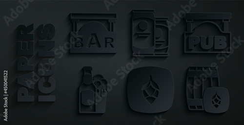 Set Hop, Street signboard with Pub, Beer bottle and glass, Wooden barrel, can and Bar icon. Vector
