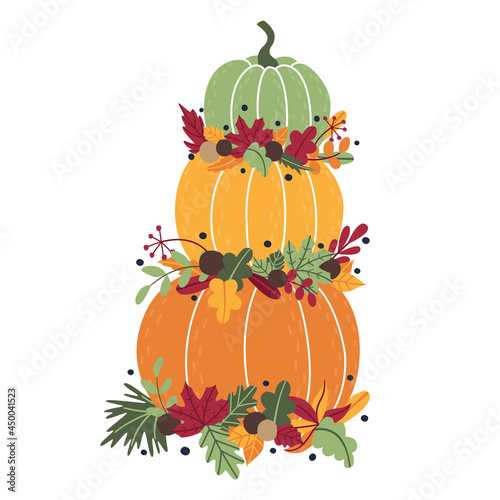 Traditional autumn tall composition of ripe pumpkins and fallen leaves, twigs. Beautiful decoration for house for Halloween and Thanksgiving. Flat doodle illustration for design of posters, invitation