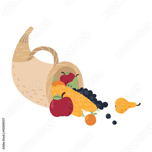 Beautiful wicker horn of plenty with ripe autumn fruits and vegetables. Cornucopia. Traditional home decor for Thanksgiving dinner. Bright flat illustration for design of poster, card, banner. Harvest