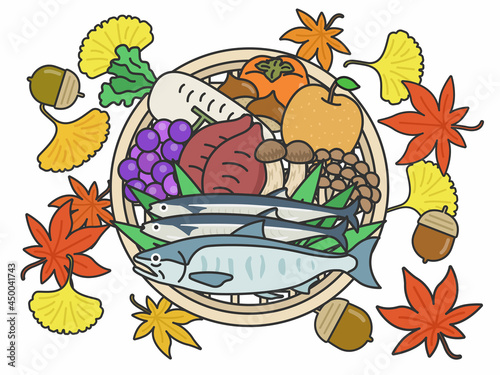 ザルに乗せた秋の食材のイラストセット