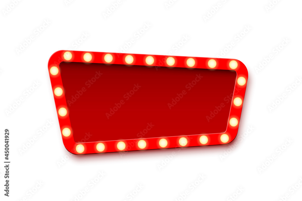 Retro announcement board sign. Cinema billboard or theatre signage, jackpot  in lottery victory vector illustration. Red commercial sign board with light  bulbs on white background Stock Vector | Adobe Stock