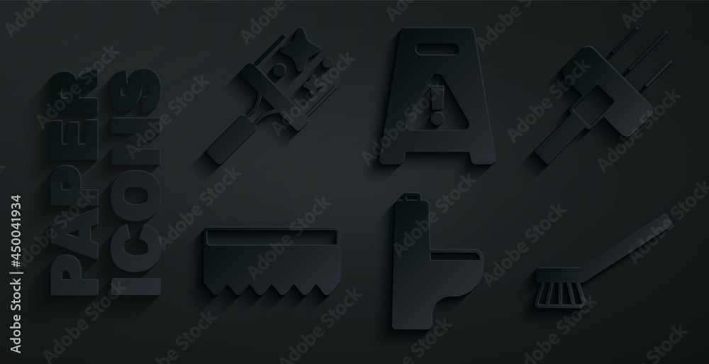 Set Toilet bowl, Vacuum cleaner, Sponge, Brush for cleaning, Wet floor and Rubber windows icon. Vector