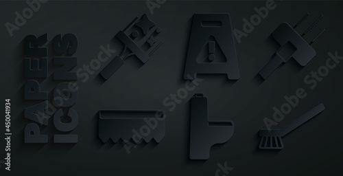 Set Toilet bowl, Vacuum cleaner, Sponge, Brush for cleaning, Wet floor and Rubber windows icon. Vector