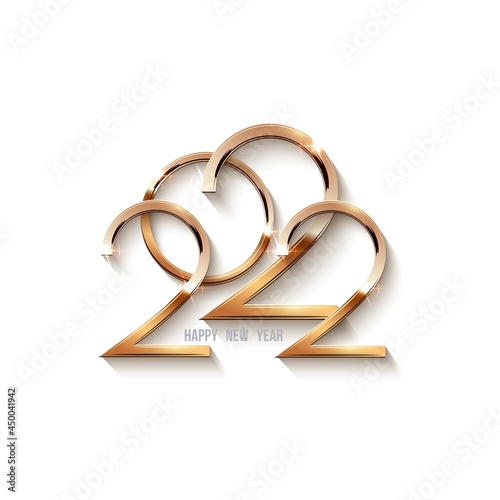 Happy new year 2022 template. Gold numbers shining in light celebration flyer. Greeting festive card vector illustration. Merry holiday modern poster or wallpaper design on white background