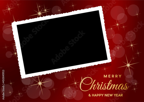 Christmas background with photo, blank frame. Vector template with picture to insert