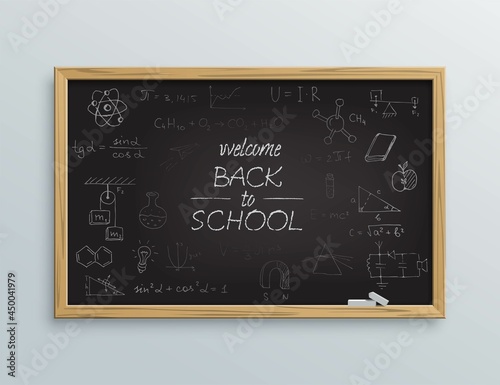 School blackboard with welcome back to school message. Board with text with wooden frame and chalk lying vector illustration. Education and ideas in classroom on white background