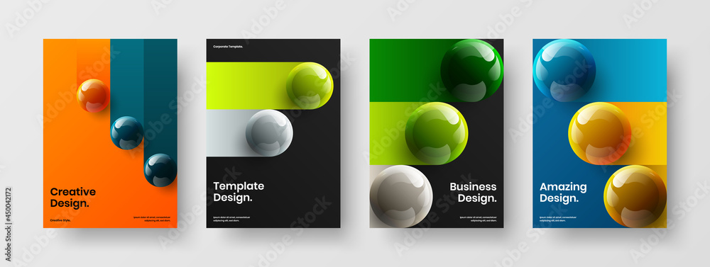 Abstract company identity design vector illustration composition. Bright 3D spheres banner template bundle.