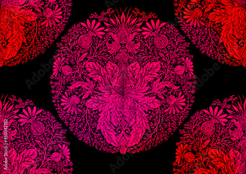 Tradition floral seamless pattern, damask vintage ornament. Royal victorian flourish wallpapper, luxury textile. Embroidery imitation in neon, fluorescent colors. Vector illustration.