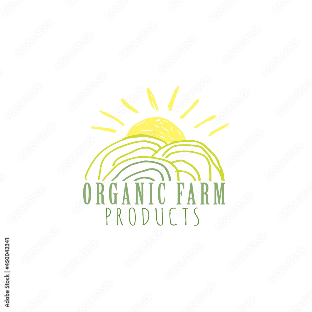 Vector hand drawn sun in the fields vintage icon. Organic farm and products logo design.