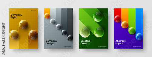 Colorful 3D spheres pamphlet illustration bundle. Unique company identity A4 vector design template collection.
