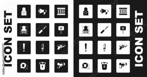 Set Prison window, Telescopic baton, Suspect criminal, Human target sport for shooting, Protest, Megaphone, Pistol gun and Baseball icon. Vector