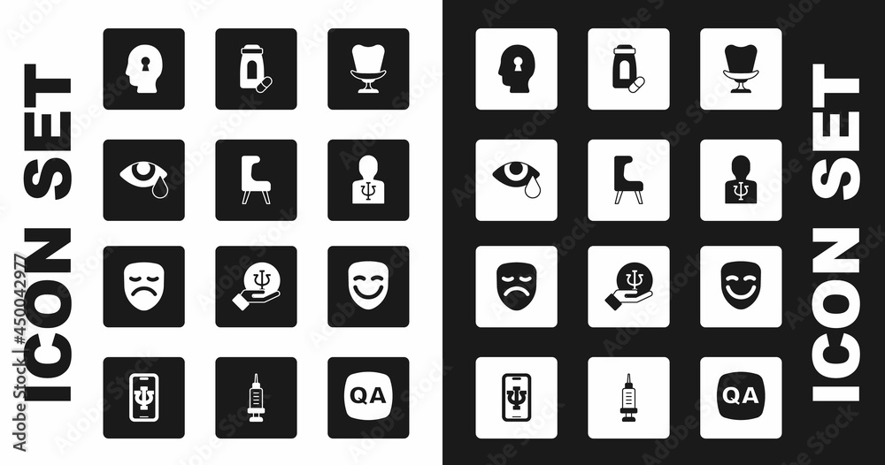 Set Armchair, Tear cry eye, Solution to the problem, Psychology, Psi, Sedative pills, Comedy theatrical mask and Drama icon. Vector Set Armchair, Tear cry eye, Solution to the problem, Psychology, Psi, Sedative pills, Comedy theatrical mask and Drama icon. Vector