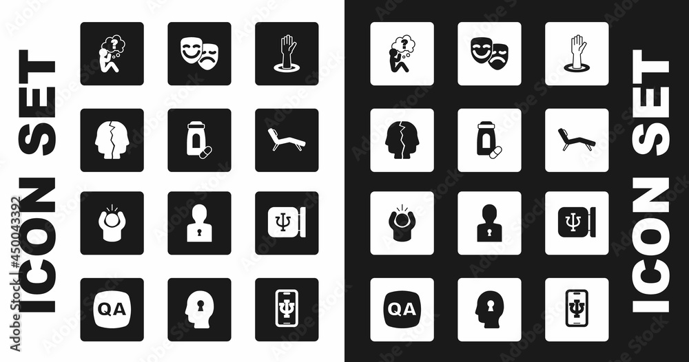 Set Helping hand, Sedative pills, Bipolar disorder, Head with question mark, Armchair, Comedy tragedy masks, Psychology, Psi and Anger icon. Vector Set Helping hand, Sedative pills, Bipolar disorder, Head with question mark, Armchair, Comedy tragedy masks, Psychology, Psi and Anger icon. Vector
