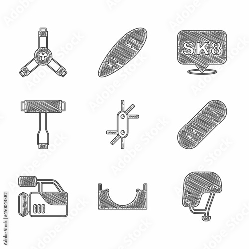 Set Tool allen keys, Skate park, Skateboard helmet, Cinema camera, tool, and Y-tool icon. Vector