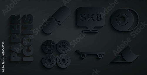 Set Skateboard, wheel, park, and Broken skateboard deck icon. Vector