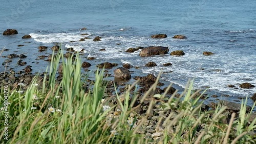 Calm scenery along the rough coastline of Rhode Island, New England States, USA.