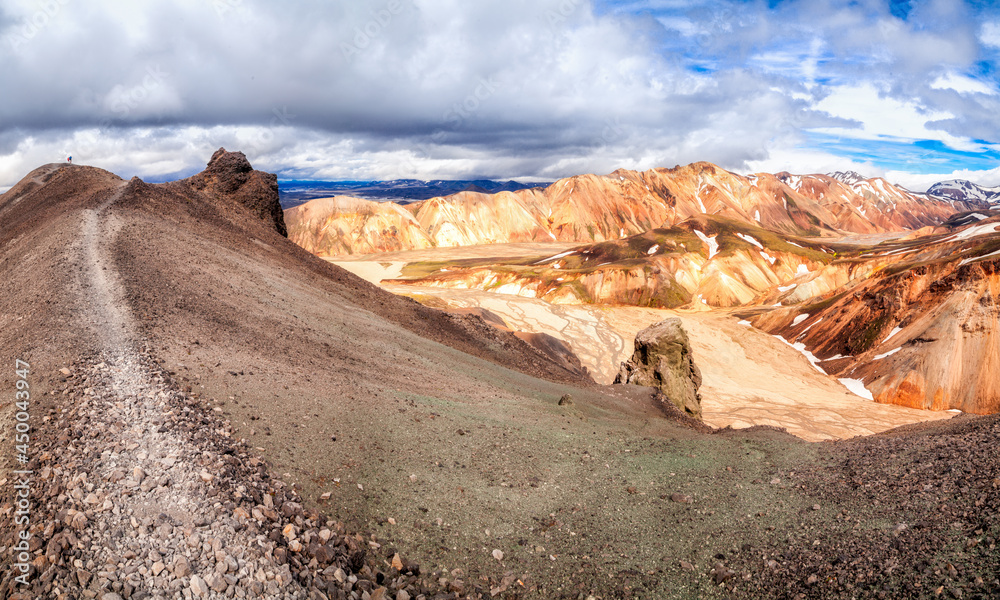 Hiking footpath along the crest of the orange mountain Landmannalaugar, Iceland Hiking footpath along the crest of the orange mountain Landmannalaugar, Iceland