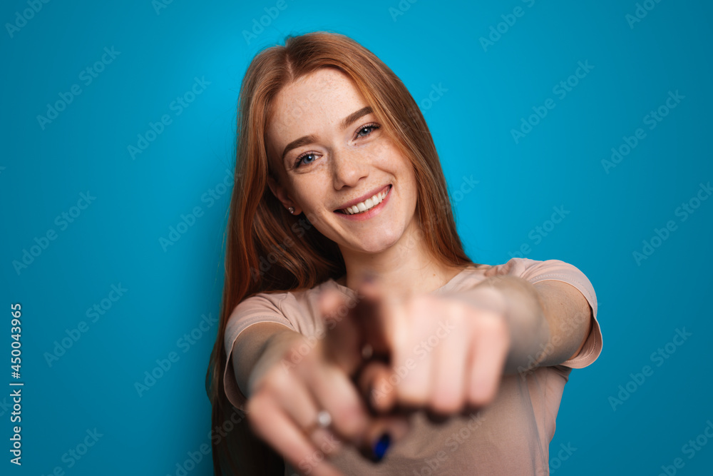 Woman with freckles point at camera for lifestyle design photo. Fashion model. Hand gesture Woman with freckles point at camera for lifestyle design photo. Fashion model. Hand gesture