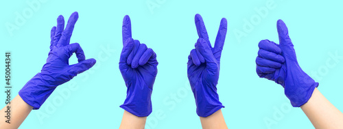 Set of medical rubber gloves with hand gestures banner, collage design with copy space
