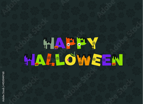 Halloween background with stylized holiday elements (pumpkin, cat, spider web, skull, candy) 