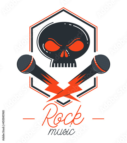 Hard rock and heavy metal emblem or logo vector flat style illustration isolated, microphone and dead scull composition, stylish music icon.