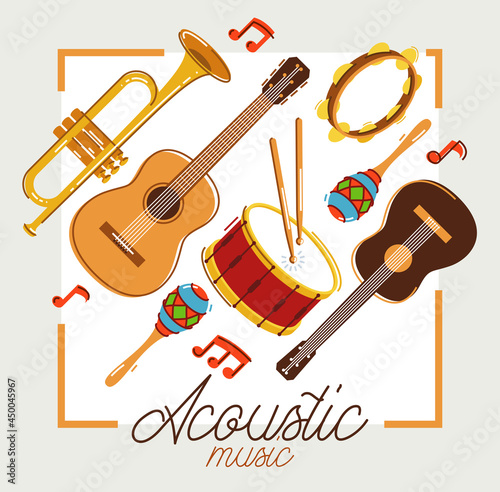 Acoustic music instruments poster vector flat illustration isolated on white, rock ballads concert or festival flyer or banner advertising announcement, live sound fest, rock musical bands.
