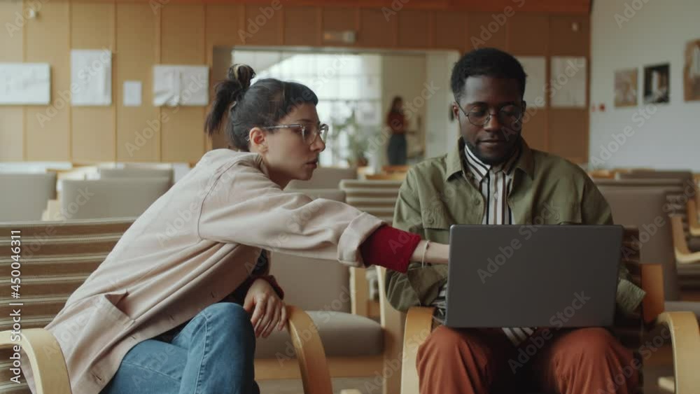 Young Caucasian woman explaining project on laptop to Afro-American male coworker while sitting together in library auditorium Young Caucasian woman explaining project on laptop to Afro-American male coworker while sitting together in library auditorium