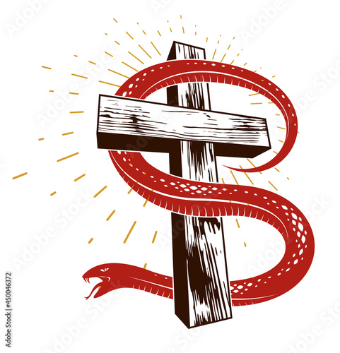 Snake wraps around Christian cross, the struggle between good and evil, saint and sinner, love and hate, life and death symbolic vector illustration logo, emblem or tattoo.
