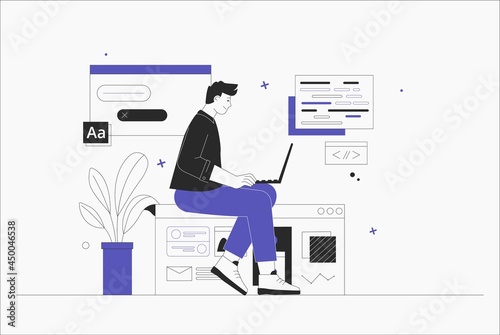 Business man, smm manager, programmer, sit on infographic and work on laptop. Freelancer working on web and application development on computers. Software developers. Flat style vector illustration.