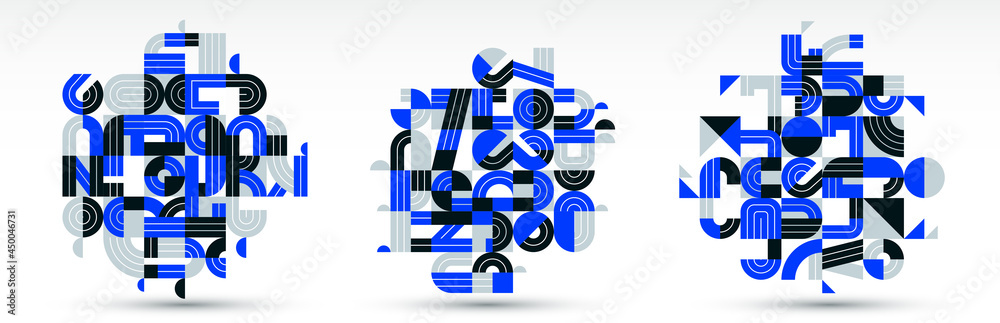 Abstract modern vector trendy designs set, blue geometric shapes stylish compositions, modular pattern artistic illustrations, typography letters elements used. Abstract modern vector trendy designs set, blue geometric shapes stylish compositions, modular pattern artistic illustrations, typography letters elements used.