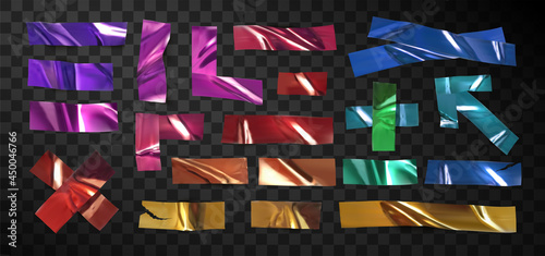 Set of colored pieces of scotch tape on a transparent background. Realistic pieces of colored, decorative sticky tape or scotch tape for attaching. Realistic 3D vector illustration.	