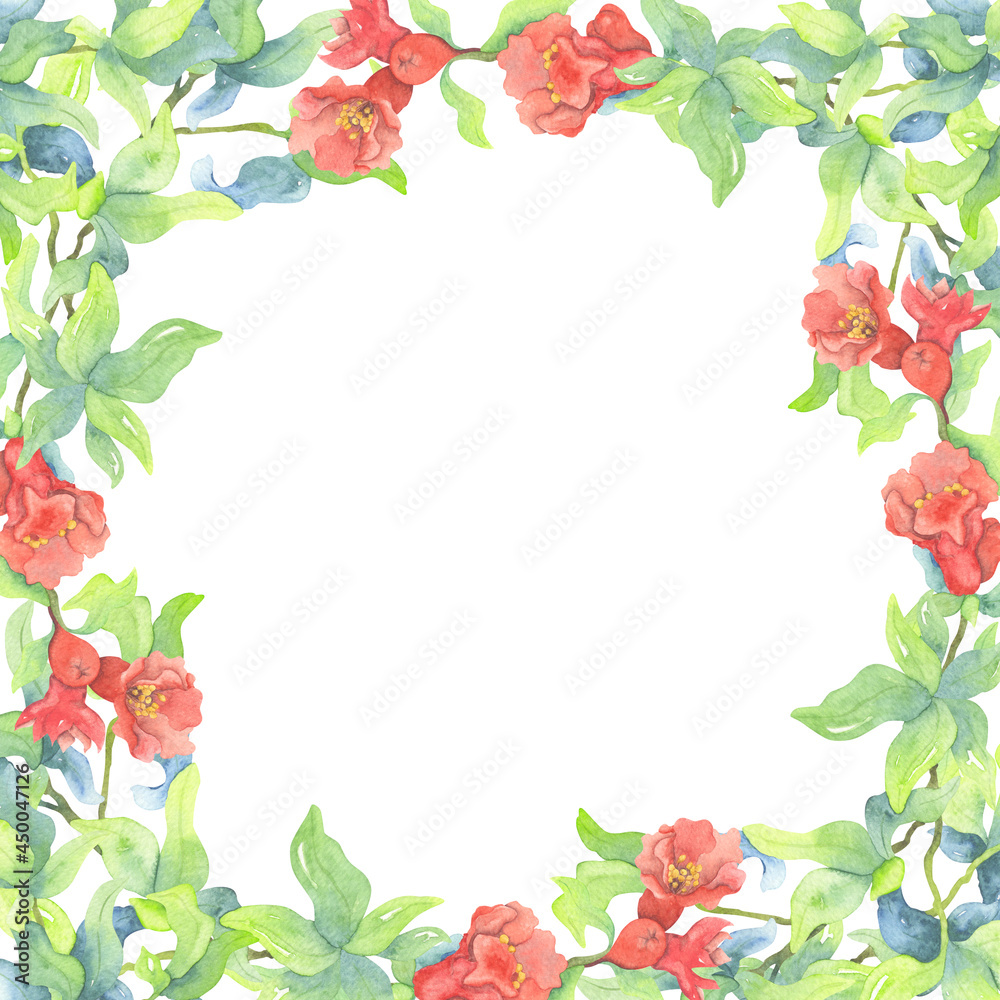 Watercolor square frame with red pomegranate flowers and green leaves.