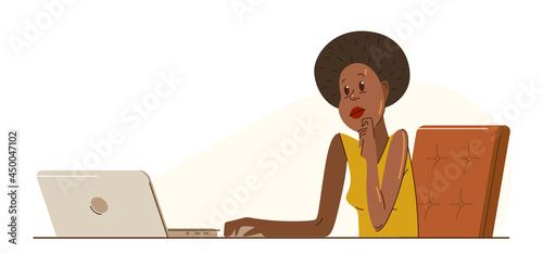 African ethnicity girl office worker pensive concentrated on her work vector flat illustration isolated, serious attentive worker seriously thinking on a project, comfortable workplace.