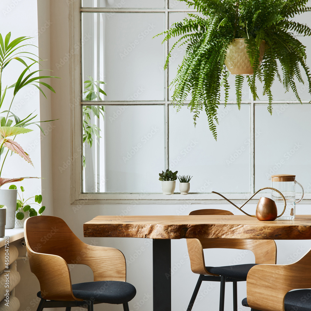 Φωτογραφία Stylish and botany interior of dining room with design craft wooden table, chairs, a lof of plants, window, poster map and elegant accessories in modern home decor