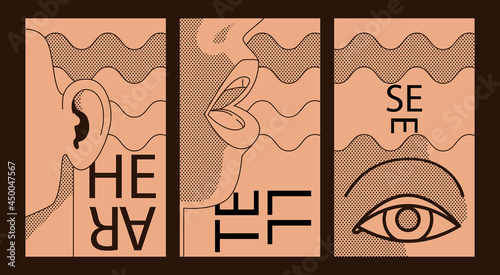 assistance in mental rehabilitation. The concept of "hear the person". Organs of perception. Laconic modern poster.