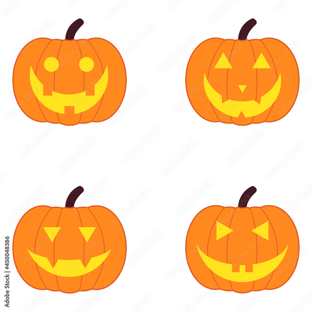 Halloween logo set of pumpkin. Stiker pack of 4 jack o lanterns. Eps 10 vector halloween logo. Colorful pumpkin icons for your cards, illustrations, projects, invitations. 