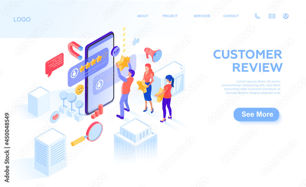 People leave 5 stars, positive feedback, rating about an institution, service or product in the city. Customers leave a positive rating. Isometric, vector illustration People leave 5 stars, positive feedback, rating about an institution, service or product in the city. Customers leave a positive rating. Isometric, vector illustration
