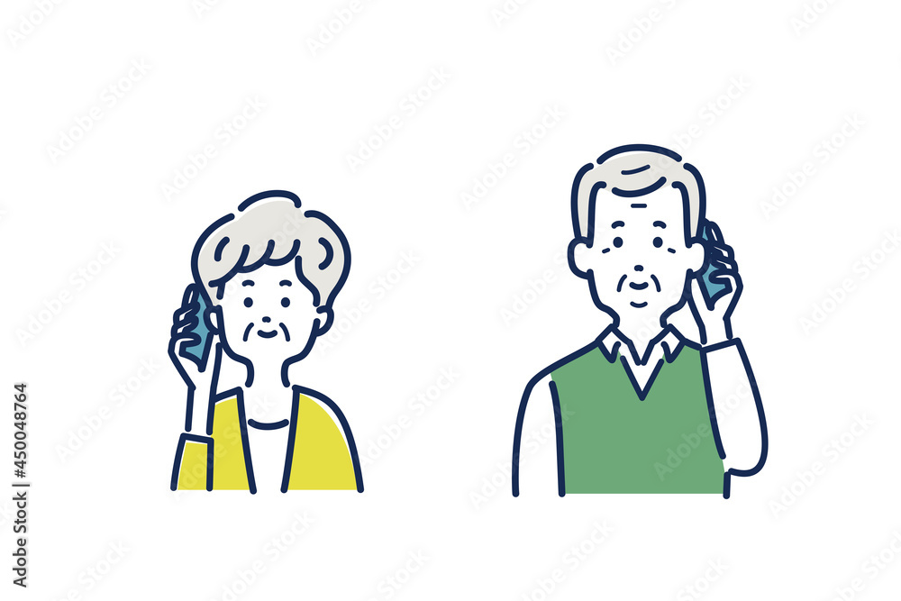 スマホで話すシニア男女のイラスト素材 スマホで話すシニア男女のイラスト素材