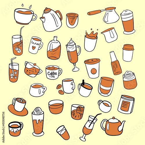 Collection of hot drinks and beverage. Brewing or pouring green and black or matcha tea, cacao, espresso coffee with sugar. Flat vector cartoon illustration isolated.