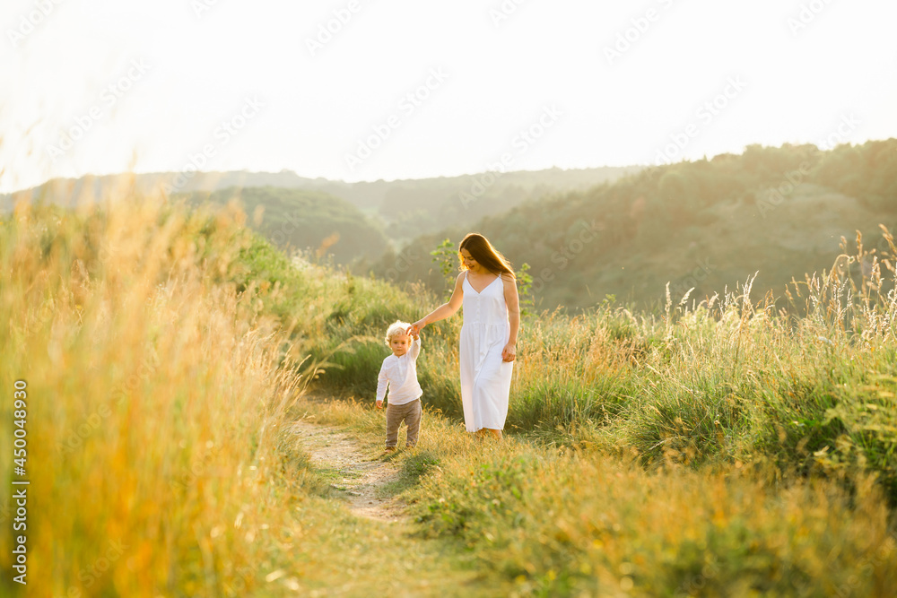 Mother and son are walking in the green field