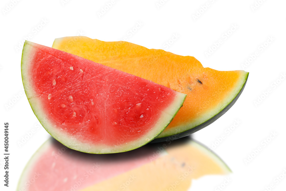 Sliced Yellow And Red Watermelon Isolated On White Background With Reflection. Side View. Sliced Yellow And Red Watermelon Isolated On White Background With Reflection. Side View.