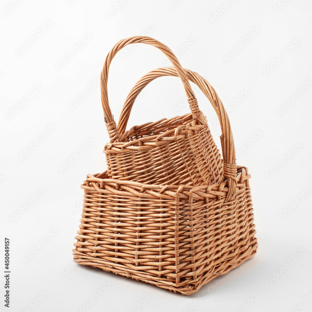 Set of Two Yellow Wicker Basket Isolated On White Background.