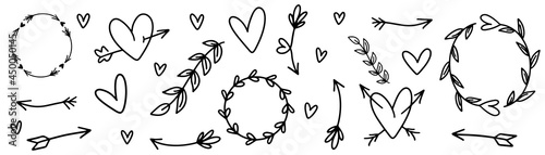 Doodle hearts collection. Hand drawn heart shape. Doodle frame in black. Sketch arrows vector.