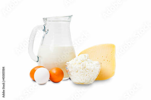 Organic Farm Food, Dairy Product And Eggs Isolated On White Background. 