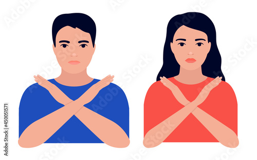 Young man and woman crossed her arms, sign of protest, ban, refusal and rejection. Male and female demonstrates stop, ban, cancel. Gesture against. Hands in form of x. Vector illustration