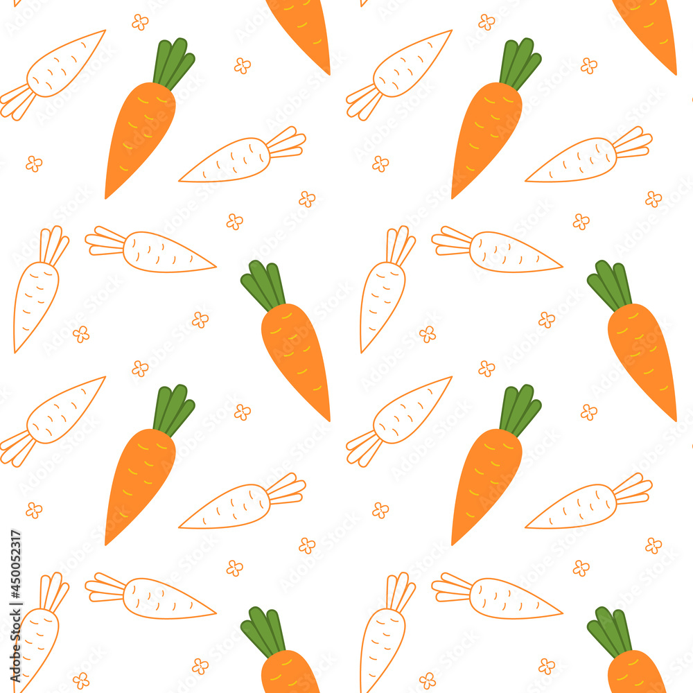 Vector hand drawn carrots seamless pattern. Cute funny carrots, colored and depicted by a line on a white background. Vector Pattern for a nursery, clothes or postcards. Vector hand drawn carrots seamless pattern. Cute funny carrots, colored and depicted by a line on a white background. Vector Pattern for a nursery, clothes or postcards.